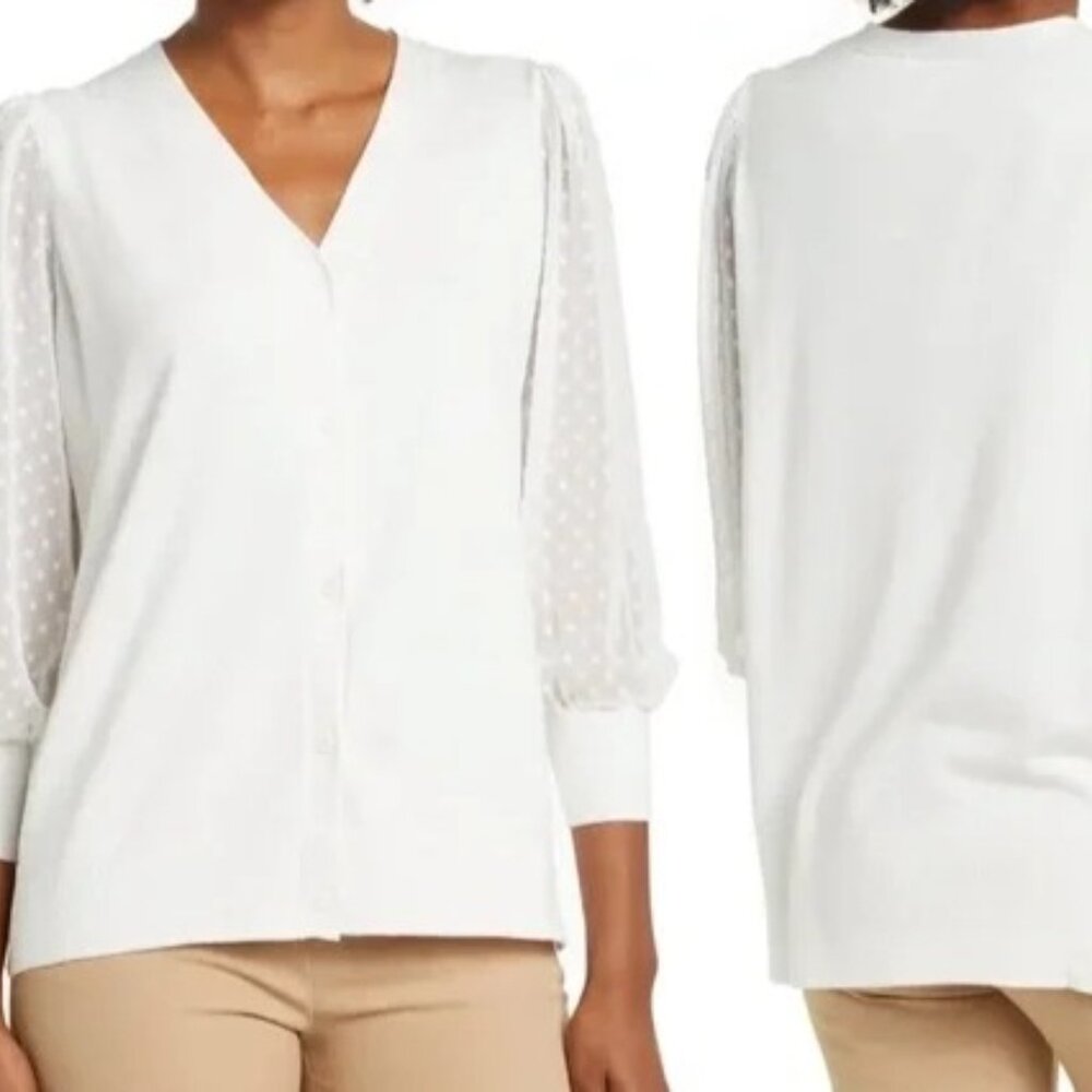 Adrianna Papell V-neck Swiss Dot Sleeved Cardigan Top Size M Ivory 3/4 Sleeve